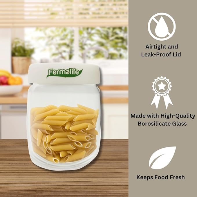 FERMALIFE - Food Storage Jar Containers, Borosilicate Glass Vacuum Seal Lids, Airtight Food Pantry Seal, Flour, Cereal, Pasta, Grains, Oats Canister | Size: 13.5oz, 27oz, 41oz (41oz - WHITE)