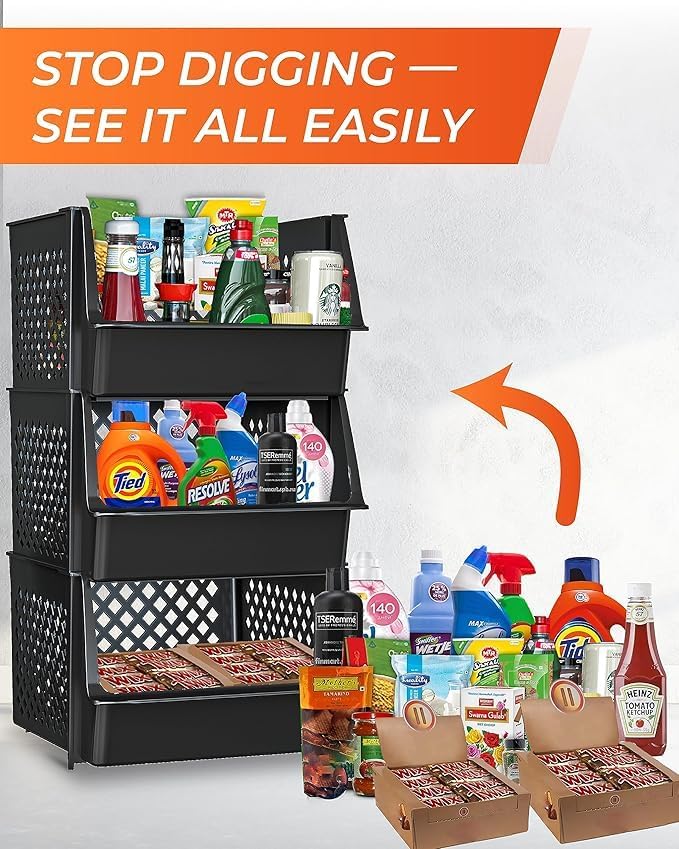 TidyFriend Plastic Stackable Bins for Pantry, 6 Pack Large Stacking Bins Open Front Kitchen, and Bathroom Organization, Open Front Design (Black)