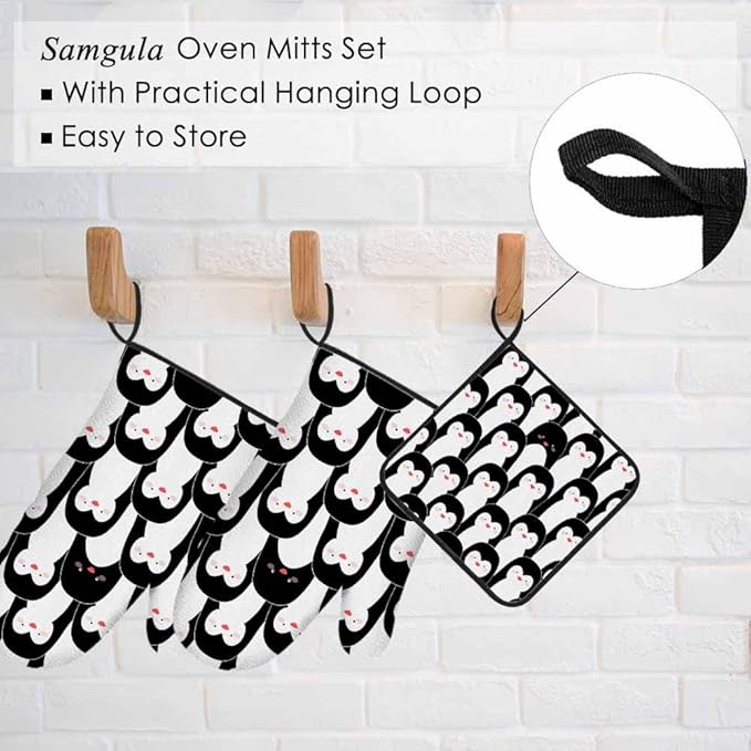 Cute Penguins Oven Mitts and Pot Holders Sets Antarctic Animal Funny Oven Mitt Heat Resistant 3pcs for Cooking Baking BBQ
