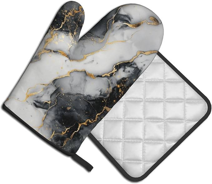 Black and White Marble Oven Mitts and Pot Holders Golden Texture Heat Resistant Oven Mitts Safe for Baking Cooking BBQ