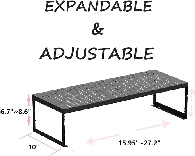 Stackable Expandable Metal Shelf Organizer - Adjustable Wire Storage Rack with Holes for Kitchen, Bathroom, Cabinet, Office - Space Saving, Durable & Sturdy Design（3PACKS/Large/Black