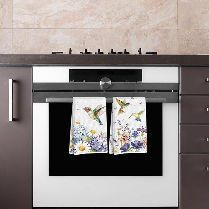 Lovdazzles 2 Pcs Hummingbird Waffle Tea Towels, Soft Absorbent Microfiber Decorative Floral Hand Towels for Kitchen Bathroom, Hummingbird Gifts for Women Spring Party Holiday Supplies