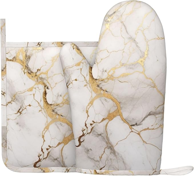 Oven Mitts and Pot Holders Marble Gray Gold White Silicone Kitchen Accessories Set of 2 Heat Resistant Long Gloves Potholder Non-Slip Grip for Chef Cooking,Baking,Grilling,BBQ