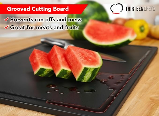 Thirteen Chefs Black Cutting Board with Juice Groove - Large 18 x 12 Inch for Meat, Grilling, BBQ and Carving, Restaurant Grade HDPE 1/2" Thick Plastic