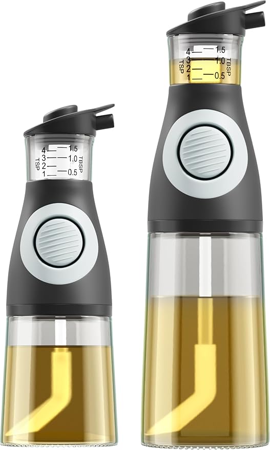Oil and Vinegar Dispenser Set - Glass Olive Oil Cruet Bottles with Measuring Cup - Non-Drip Kitchen Dispenser for Cooking, Salad Dressing, and Meal Prep - 2 Dishwasher-Safe Containers