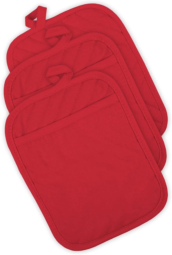 DII Heat Resistant Quilted Cotton Pot Holder Set, Designed with Space to Personalize Allowing a Customized Design, 7x9, Red, 3 Count