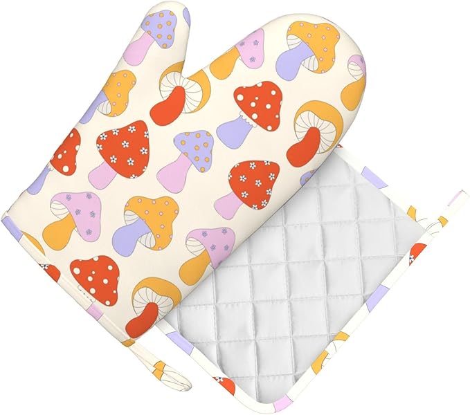 Mushroom Trendy Cute Pop 70s Oven Mitts and Pot Holders Set of 2 Silicone Heat Resistant Oven Mitten Potholders Non Slip Gloves Kitchen Decor for BBQ Cooking Grilling Baking