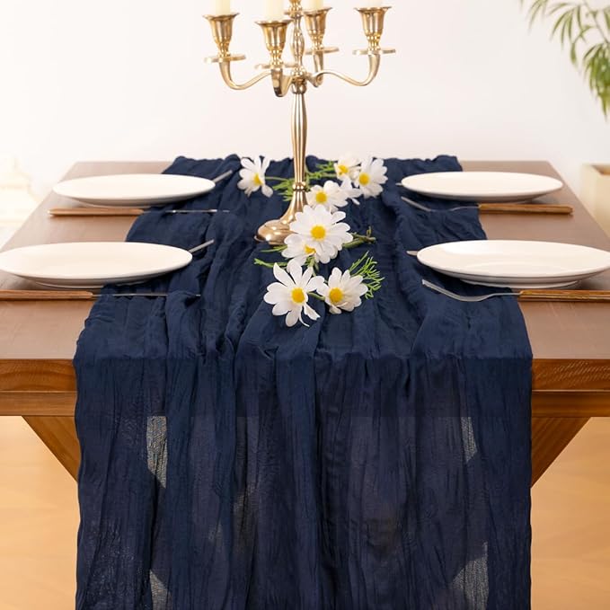 Socomi Navy Blue Easter Spring Cheesecloth Table Runner Boho Rustic Gauze 120 inch 10FT Cheese Cloth Runner for Wedding Party Baby Shower Birthday Home Decor Holiday Decorations