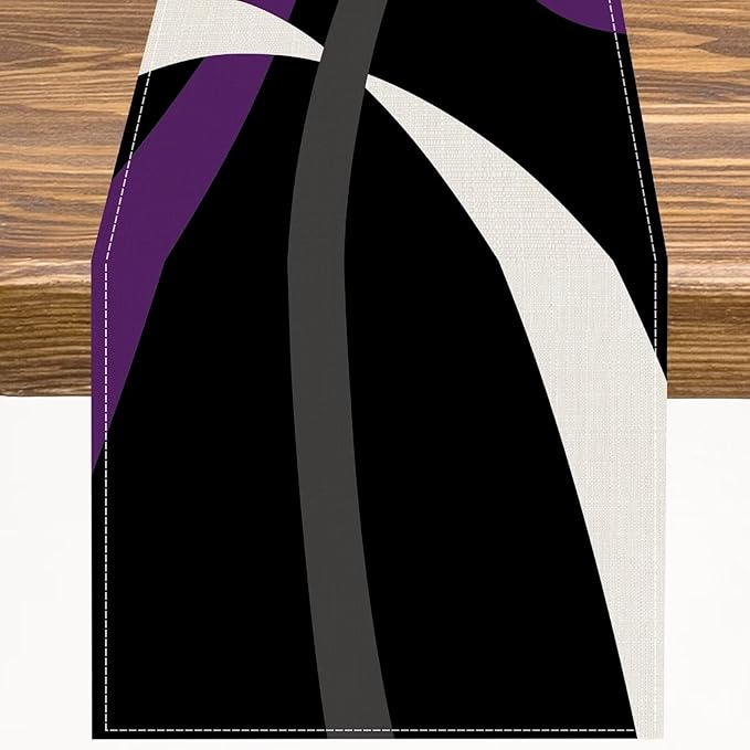 Abstract Geometric Table Runner Purple Grey White Striped Black Background Modern Kitchen Dinner Runner for Indoor Home Living Room Party Dining Table Decoration 13"x60"
