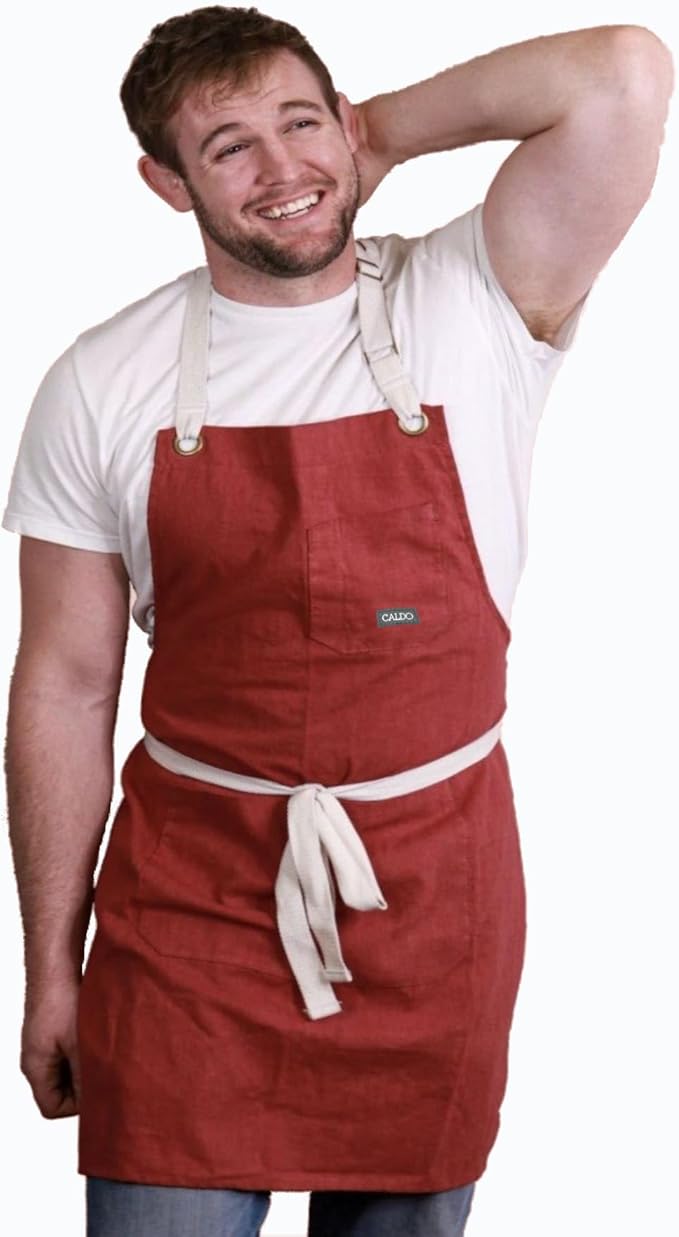 Caldo Linen Kitchen Apron for Cooking - Mens and Womens Linen Bib Apron (Burgundy)