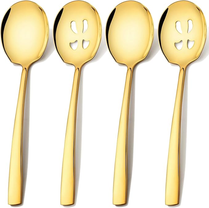 Stainless Steel Serving Spoons Set, 9.2-Inch Large Slotted Spoon x 2, Serving Spoon x 2, Big Serving Utensils Set for Buffet, Parties, Catering (2 Slotted & 2 Solid, Gold)