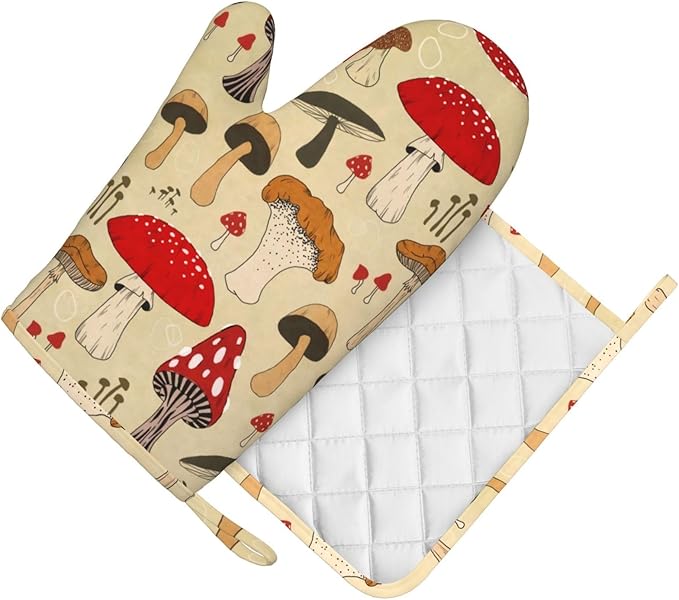 Vintage Mushroom Art Oven Mitts and Pot Holders Set of 2 Silicone Heat Resistant Oven Mitten Potholders Non Slip Gloves Kitchen Decor for BBQ Cooking Grilling Baking
