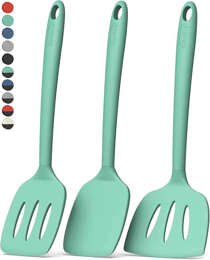Coukre 3 Pack Silicone Spatula Set, High Heat Resistant, BPA-Free, Fish Spatula, Solid & Slotted Turner for Non-Stick Pans, Flipping Eggs, Pancakes, Fish, Burgers (3, PureAquaGreen)