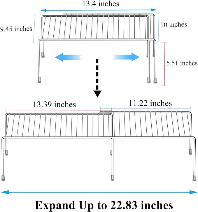 Kitchen Cabinet Expandable Shelf Organizers Set of 2, Adjustable Metal Wire Pantry Storage Shelves, Plate Dish Organizer Rack for Cabinets, Cupboard, Counter, Freezer, Countertop, Chrome