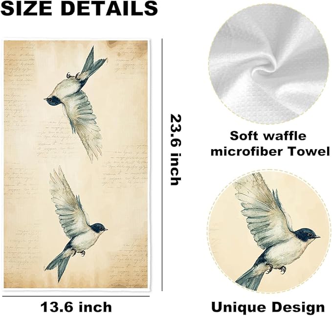 3 Pcs Vintage Bird Kitchen Towels, Artistic Decorative Absorbent Microfiber Dish Cloth Tea Towel, Watercolor Waffle Soft Hand Towels for Kitchen Home Bathroom, Housewarming Gifts