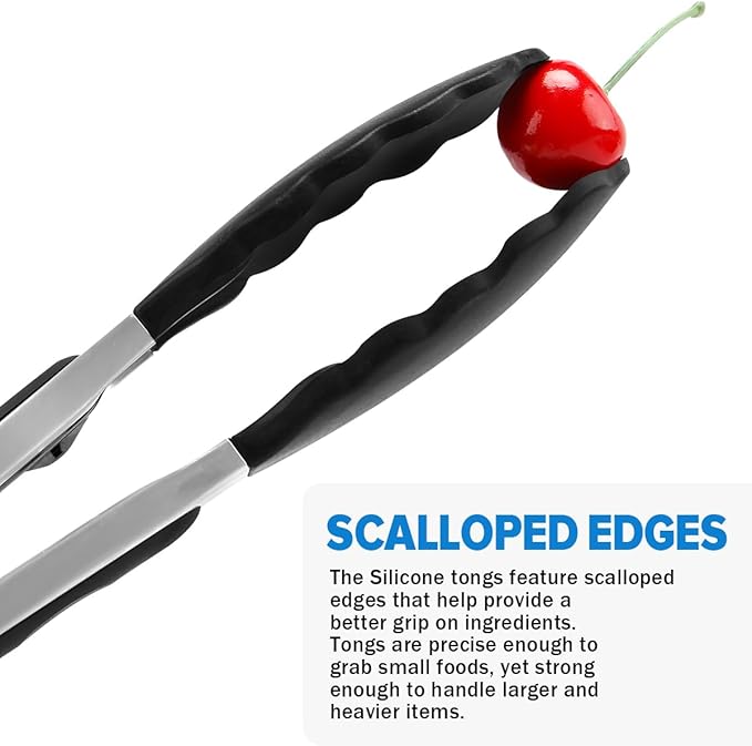 Kitchen Tongs for Cooking, Non Scratch Silicone Tip for Nonstick Cooking Pans, Food Grade Mini Serving Tongs, Pull Lock, Set of 3, Black (BLack, 12 inch)