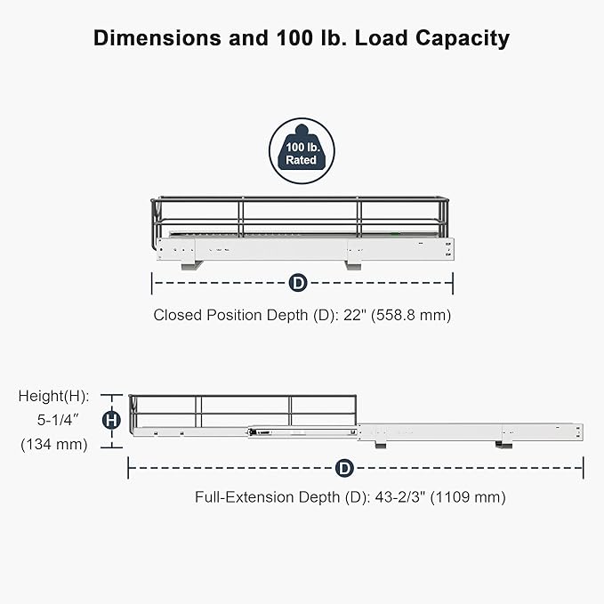 Pull Out Shelves - 17" W x 22" D Soft Close Pull Out Cabinet Organizer 1 Tier - Sliding Shelves with Shelf Liner - Heavy Duty Steel Wire Drawers for Kitchen Cabinets, Pantry, Bathroom