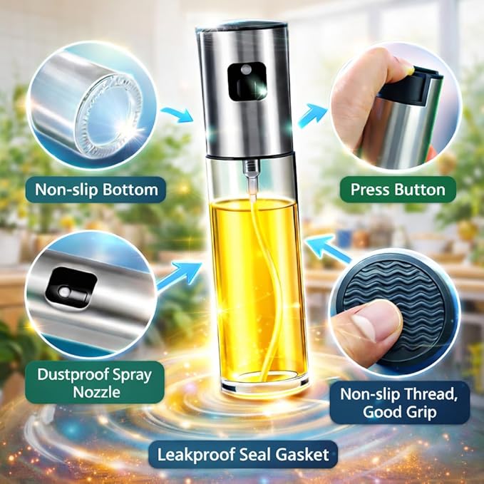 Stainless Steel Oil Spray Bottle | Refillable Kitchen Oil Dispenser with Fine Mist Spray for Olive Oil, Vinegar, Cooking Oils, Grilling, Baking, Air Fryer, and Healthy Cooking | Metallic Silver