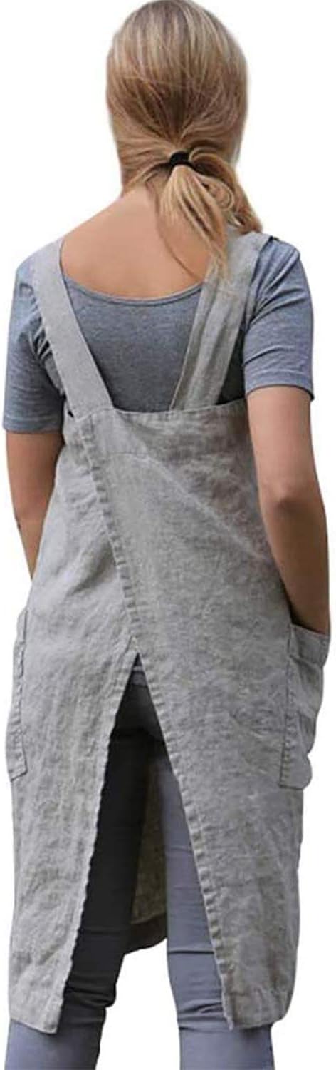 VLZUFE Cotton Linen Apron for women Cross Back Apron Pinafore Dress for Baking Cooking Gardening Work