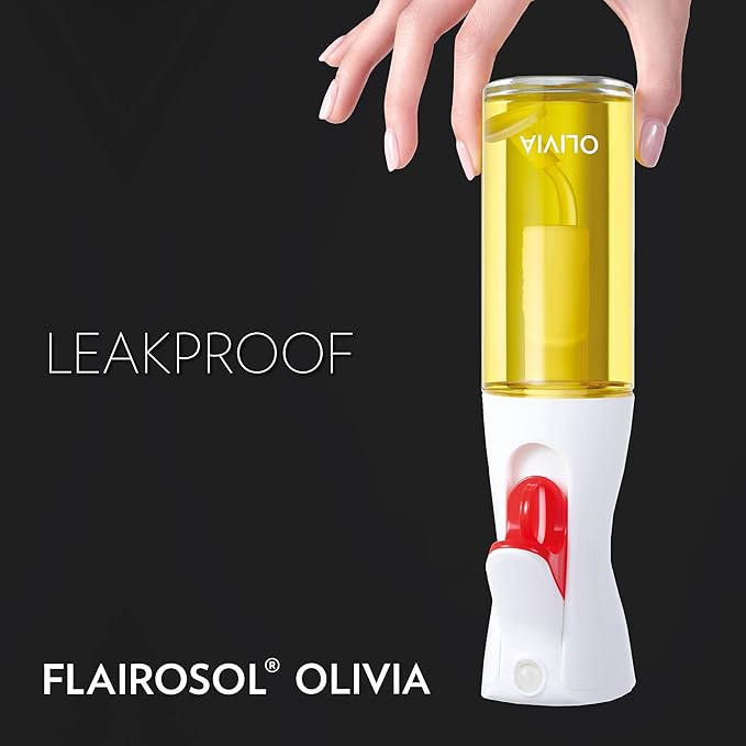 FLAIROSOL OLIVIA Signature The Original Advanced Oil Sprayer for Cooking, Kitchen, Salads, BBQs, Continuous Spray with Portion Control, 130ml Glass Olive Oil Sprayer(White Print)
