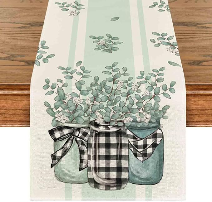 Artoid Mode Buffalo Plaid Eucalyptus Vases Summer Table Runner, Spring Kitchen Dining Table Decoration for Home Party Decor 13x36 Inch