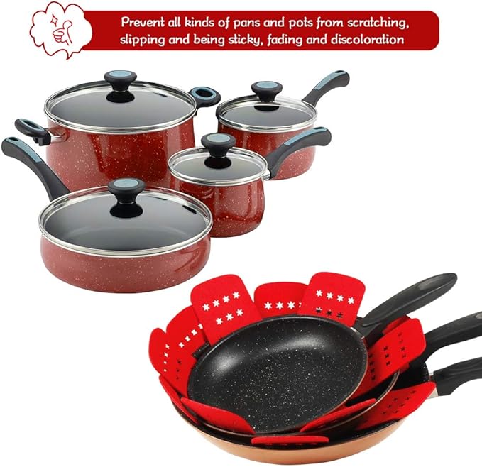 BYKITCHEN Pan Pot Protectors, Larger & Thicker Pan Protector with Stars, Set of 12 and 3 Different Sizes, Red Pot Divider Pads for Protecting and Separating Your Cookware