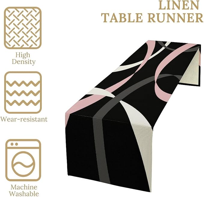 Abstract Pink Table Runner Grey and White Striped Black Background Modern Geometric Kitchen Dinner Runner for Indoor Home Living Room Party Dining Table Decoration 13"x72"