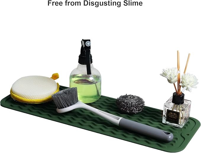 ZLR Silicone Sponge Holder & Sink Caddy Tray (6" x 17") - Narrow Dish Drying Mat for Kitchen Counter - Waterproof Soap Dispenser Organizer, Non-Slip Bathroom Vanity Tray (Dark Green)