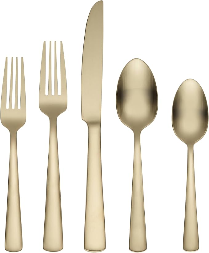 Oneida Silverware Set For 4, Aptitude Champagne Satin 20-Piece Flatware Set, Service For 4, 18/0 Stainless Steel Silverware Set, Dishwasher Safe, Knives Spoons and Forks Set, (Champagne, 20 Piece)