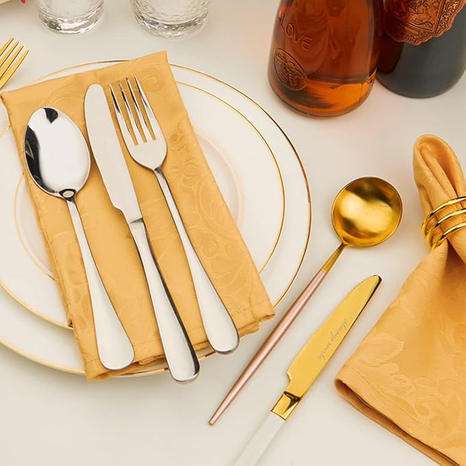 Cloth Napkins Set of 8 – Square 17x17 Inch Jacquard Fabric Polyester Washable Reusable Cloth Napkins for Kitchen Dinner Dining Restaurants Wedding Party Banquet Table (Gold, 17X17 Inch)