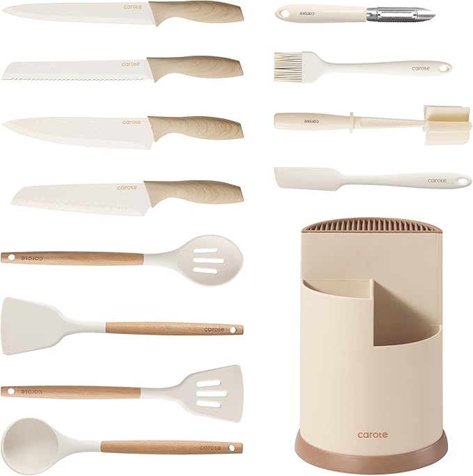CAROTE 13Pcs Kitchen Utensils Set with 360 Rotating Knife Block, Heat Resistant Cooking Utensils with Wooden Handle, Nonstick Ceramic Surface, Cream White