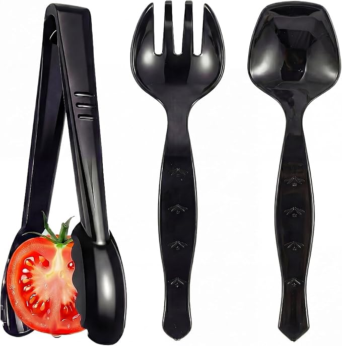 36 Pcs Disposable Serving Utensils Set - 9 Inch Black Tongs, Forks, Spoons for Restaurants, Catering, Party Supplies, Buffet, Wedding, Picnic