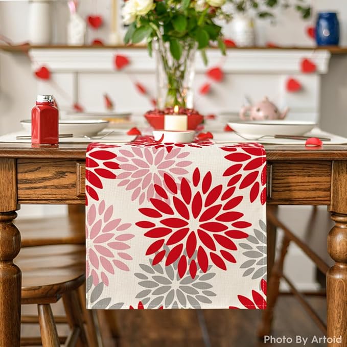 Artoid Mode Red Pink Dahlia Floral Pinnata Valentine Table Runner, Summer Kitchen Dining Table Decoration for Home Party Decor 13x72 Inch