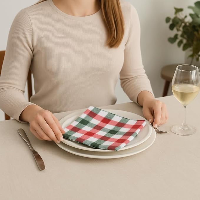 Cloth Napkins Set of 12, 100% Cotton Dinner Napkins 18x18 Inch, Soft Absorbent Gingham Check Napkin for Restaurant, Table Décor, Reusable Washable for Everyday Use - Apple Green/White/Red