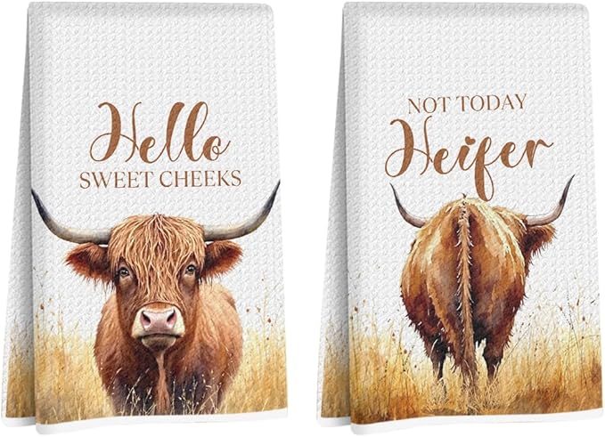 Blue Leaves 2 Pcs Highland Cow Kitchen Towels, Absorbent Soft Microfiber Towel for Bathroom Kitchen, Tea Towel Hand Towels, Dish Cloths for Washing Dishes, Farmhouse Cow Lover Gifts for Women Friend