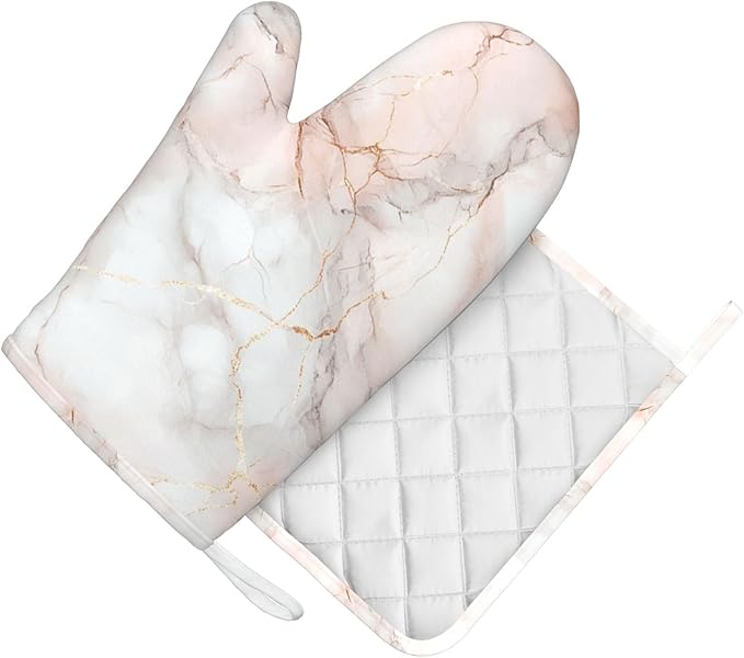 Oven Mitts and Pot Holders Pastel White Pink Marble Silicone Kitchen Accessories Set of 2 Heat Resistant Long Gloves Potholder Non-Slip Grip for Chef Cooking,Baking,Grilling,BBQ