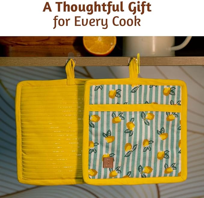 Folkulture Pot Holders for Kitchen | Pack of 2 (8x8) Ribbed Soft Silicone Hot Pads for Kitchen | 100% Cotton Cute Oven Pot Holders Set | Heat Resistant | Machine Washable | Non Slip | Lemon Party