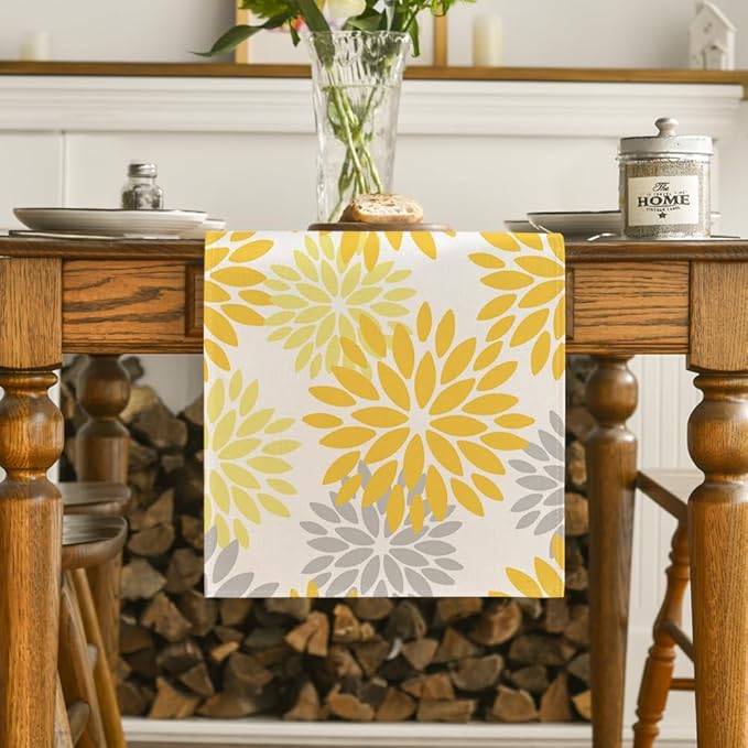 Artoid Mode Yellow Dahlia Floral Pinnata Summer Table Runner, Seasonal Spring Holiday Kitchen Dining Table Decoration for Home Party Decor 13x90 Inch