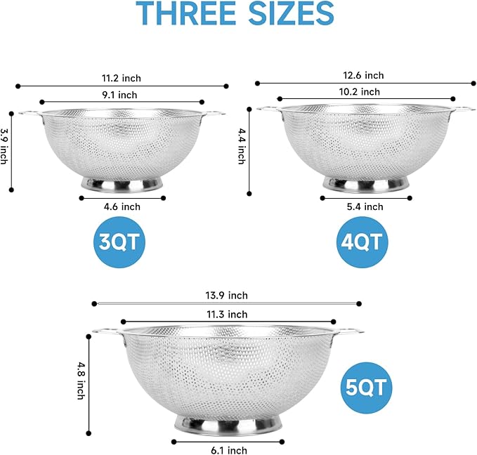 3PCS Colander for Kitchen, 3QT & 4QT & 5QT, Stainless Steel Colander Strainer with Handle for Fruits Vegetables Cooking Food, Dishwasher Safe