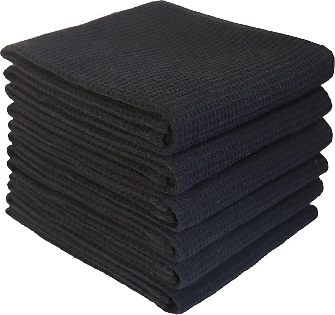 QUILTINA Dish Towels Set - 17 x 25 Inches 6 Pack Black 100% Cotton Waffle Weave Kitchen Towels, Ultra Soft Absorbent Quick Dish Towels for Kitchen Drying and Cleaning