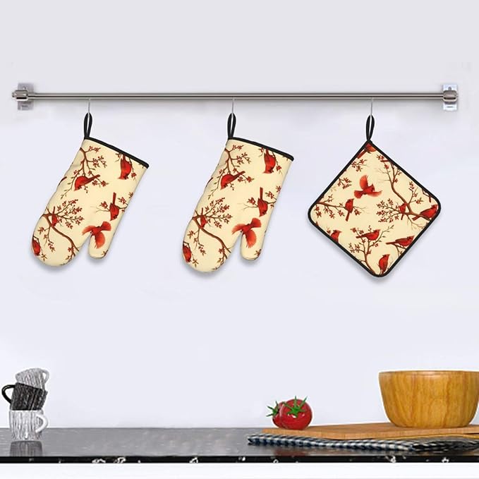 Red Cardinal Oven Mitts and Pot Holders Sets of 3, Non-Slip Christmas Heat Resistant Kitchen Gloves Hot Pad, Cardinal Gifts for Women, Rustic Christmas Kitchen Decor, Baking Cooking Grilling Gifts