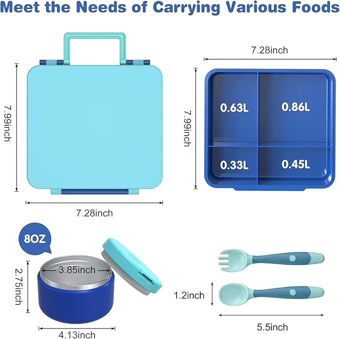Pawtong Bento Lunch Box with 8oz Soup Thermo, Kids Leakproof Lunch Food Containers with 4 Compartment, Kids Thermo Insulated Hot Food Jar for School, Trvael（Blue