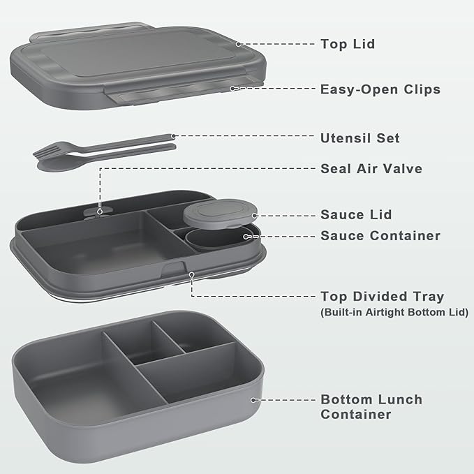 Caperci Stackable Bento Lunch Box for Adult & Teens - Reinforced Leak-Proof Lunch Container 4-Compartment with Utensils & Sauce Container, BPA-Free, Dishwasher/Microwave Safe, 47oz (Dark Gray)