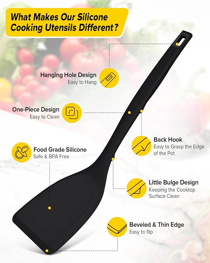 Pack of 2 Silicone Spatula Turner, Non Stick Kitchen Spatulas Set with Back Hooks, Heat Resistant BPA Free Kitchen Utensils, Suitable for Flipping Fish, Eggs, Steak, Pancakes(BLACK)