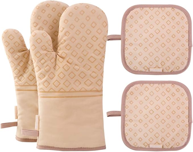 Set of 4 Oven Mitts and Pot Holders, 482 F Heat Resistant Hot Plate Moving Non-Slip Gloves for BBQ, Grill, Baking, Cooking, Oven, Microwave (Beige)