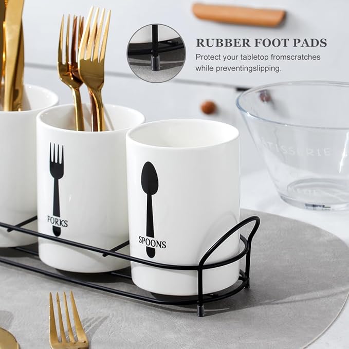 3-Piece White Ceramic Silverware Cutlery Holder with Black Metal Rack, Utensil Holder Flatware Caddy Cutlery Storage Organizer for Kitchen and Countertop (White)