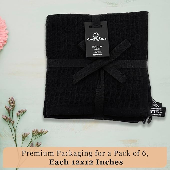 Kitchen Cleaning Dish Wash Cloths Waffle Terry Design Kitchen DishCloths|Washable 12x12 Cotton Dish Rags for Drying Dishes|Counter Top Barista Dust Wipes|Spring Easter Basket Decor| 6 Pc Set-Black