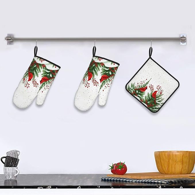 Red Cardinal Christmas Pot Holders and Oven Mitts Set, Christmas Holiday Oven Gloves Hot Pads for Baking Cooking Grilling BBQ, Cardinal Holiday Decor & Gifts for Women Baker Chef ﻿