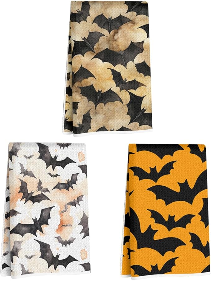 3 Pcs Halloween Bat Kitchen Towels, Vintage Decorative Absorbent Microfiber Dish Cloth Tea Towel, Durable Waffle Hand Towels for Farmhouse Home Bathroom, Halloween Gifts for Women