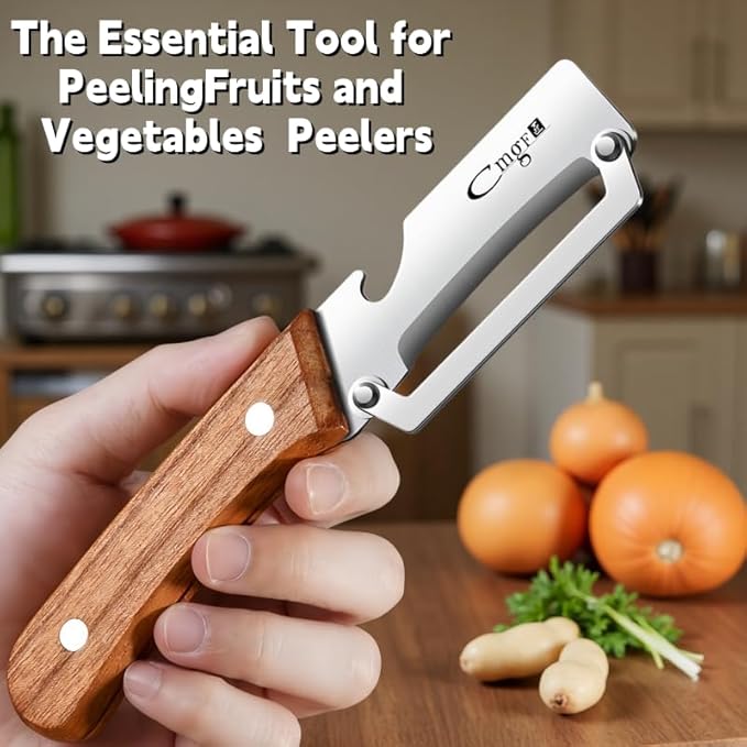 Multi-Functional Premium Vegetable Peeler,Suitable for Fruits,potatoes, Sugar Cane, Pumpkin,carrot peeler，stainless steel Wooden handle peeler Kitcheng tool With bottle opener (1Pcs)